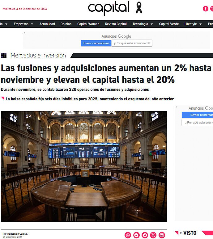 Las fusiones y adquisiciones aumentan un 2% hasta noviembre y elevan el capital hasta el 20%